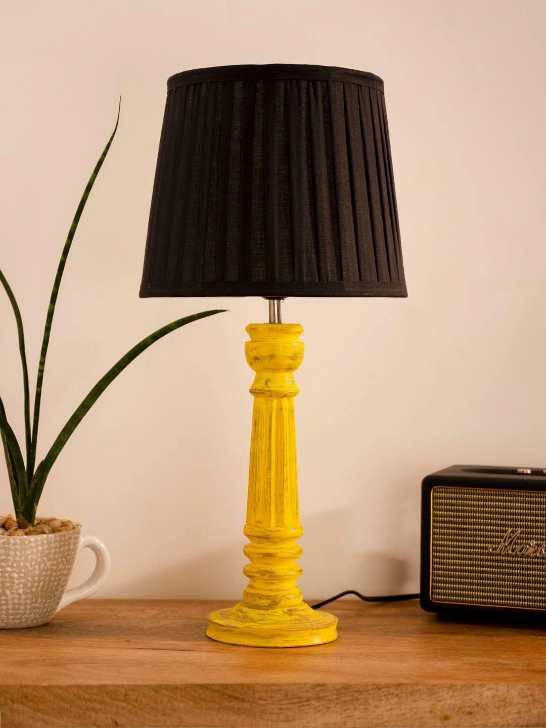 Wooden Pillar Yellow lamp with pleeted Black Soft Shade