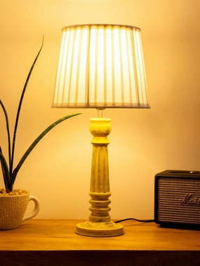 Wooden Pillar Yellow lamp with pleeted White Soft Shade decorative ceiling fixture