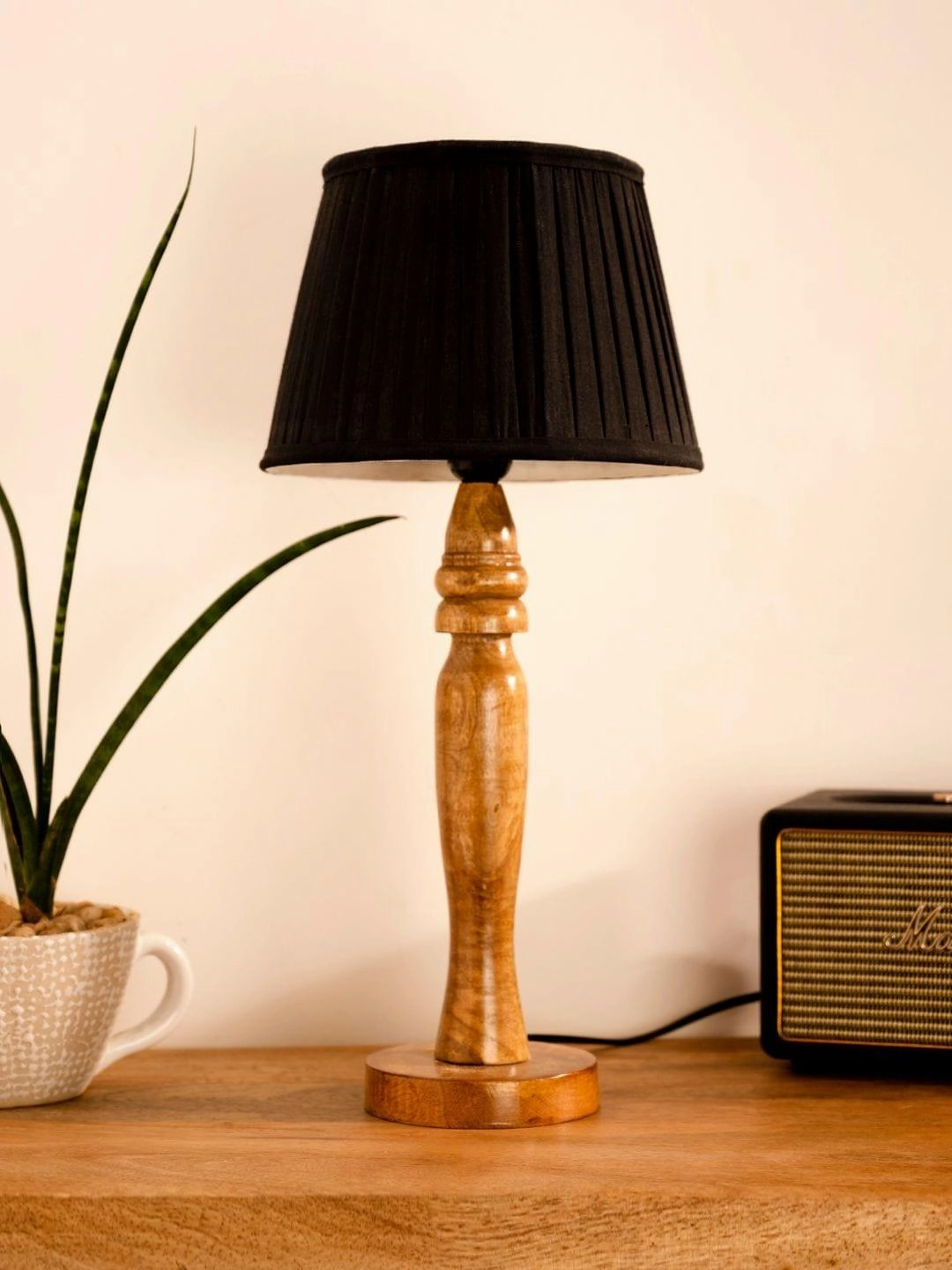 Wooden Round Brown Lamp with pleeted Black Taper soft Shade