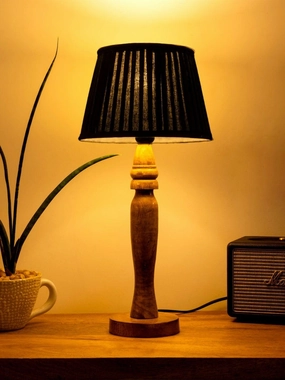 Wooden Round Brown Lamp with pleeted Black Taper soft Shade decorative ceiling fixture