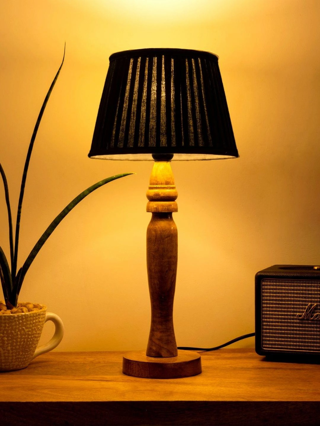 Wooden Round Brown Lamp with pleeted Black Taper soft Shade decorative ceiling fixture
