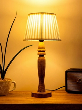 Wooden Round Brown Lamp with pleeted White Taper soft Shade decorative ceiling fixture