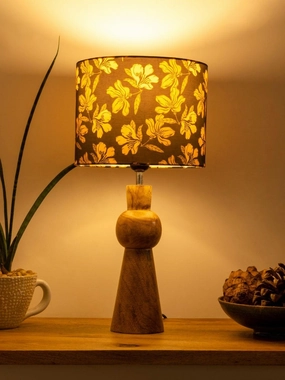 Wooden Skirt Lamp with Multicolor Black Floral Shade decorative ceiling fixture