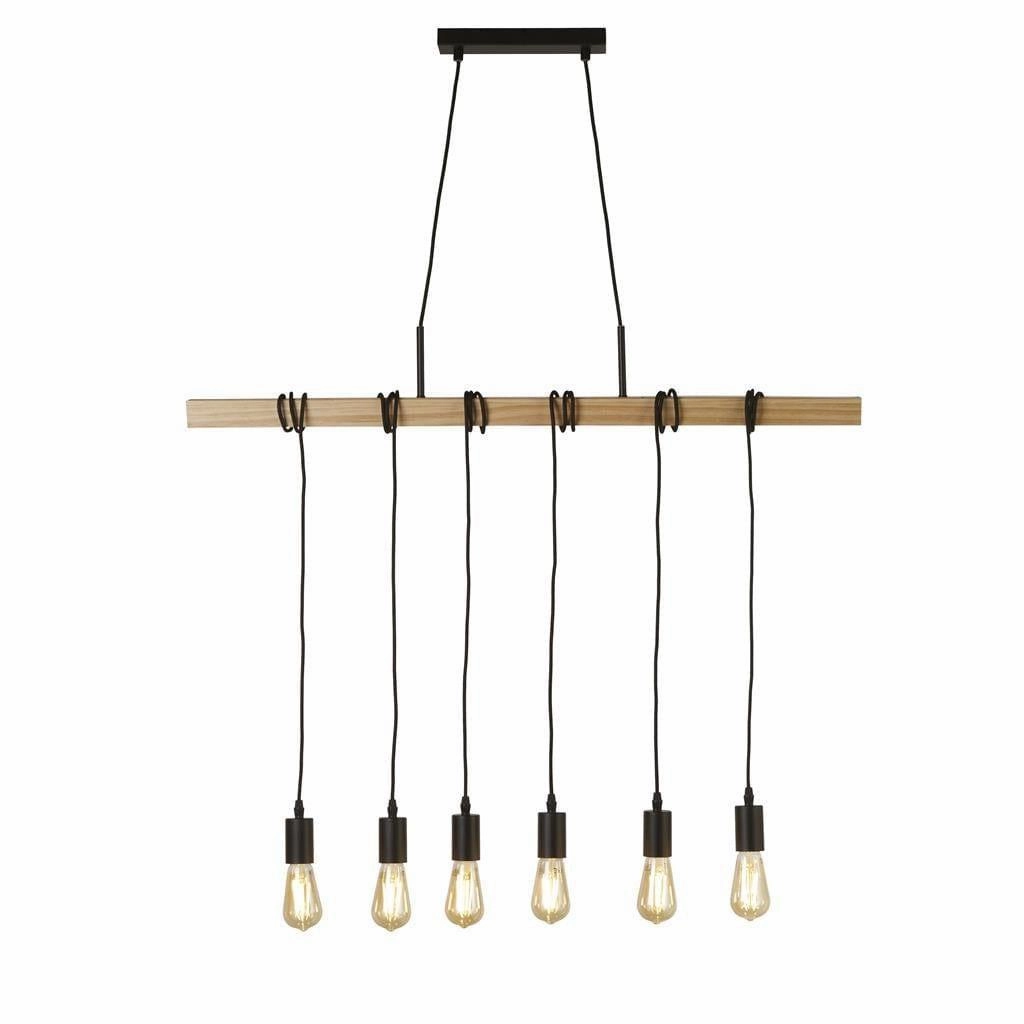 Woody 6 Light Black & Ash Wood Ceiling Pendant Searchlight soft glow ceiling light