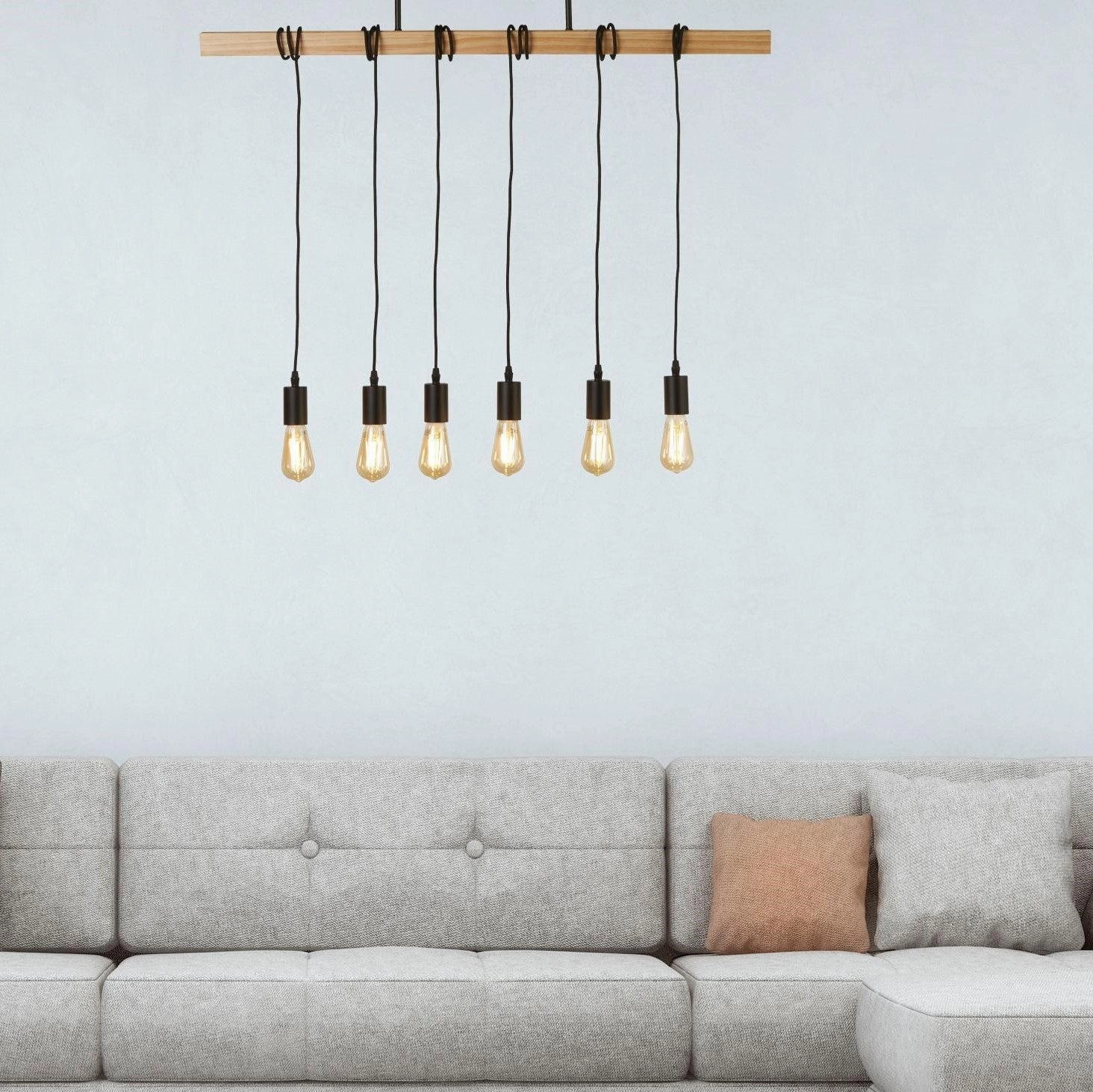 Woody 6 Light Black & Ash Wood Ceiling Pendant Searchlight